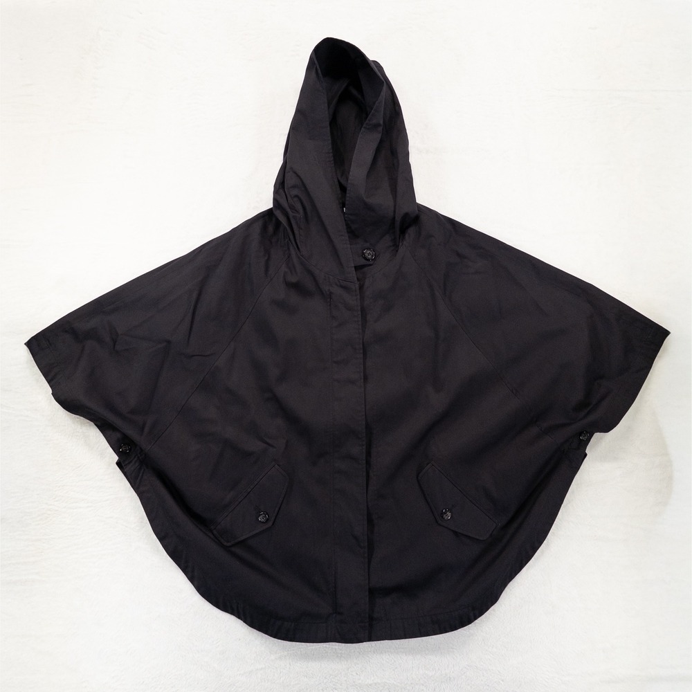Garnet Hill Womens Hooded Cape Poncho Jacket XL Black Cotton Twill Pockets
